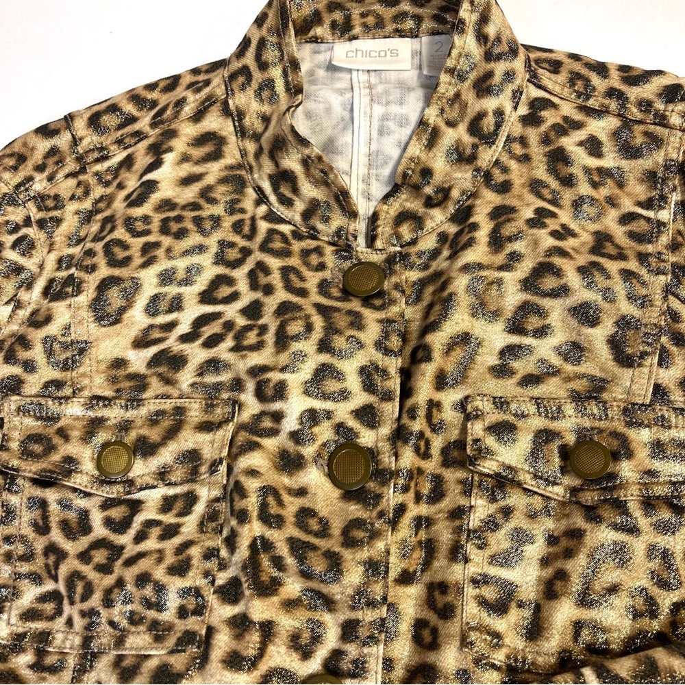 Chico's Leopard Print Gold Metallic Shimmer Utility Jacket - Picture 3 of 8